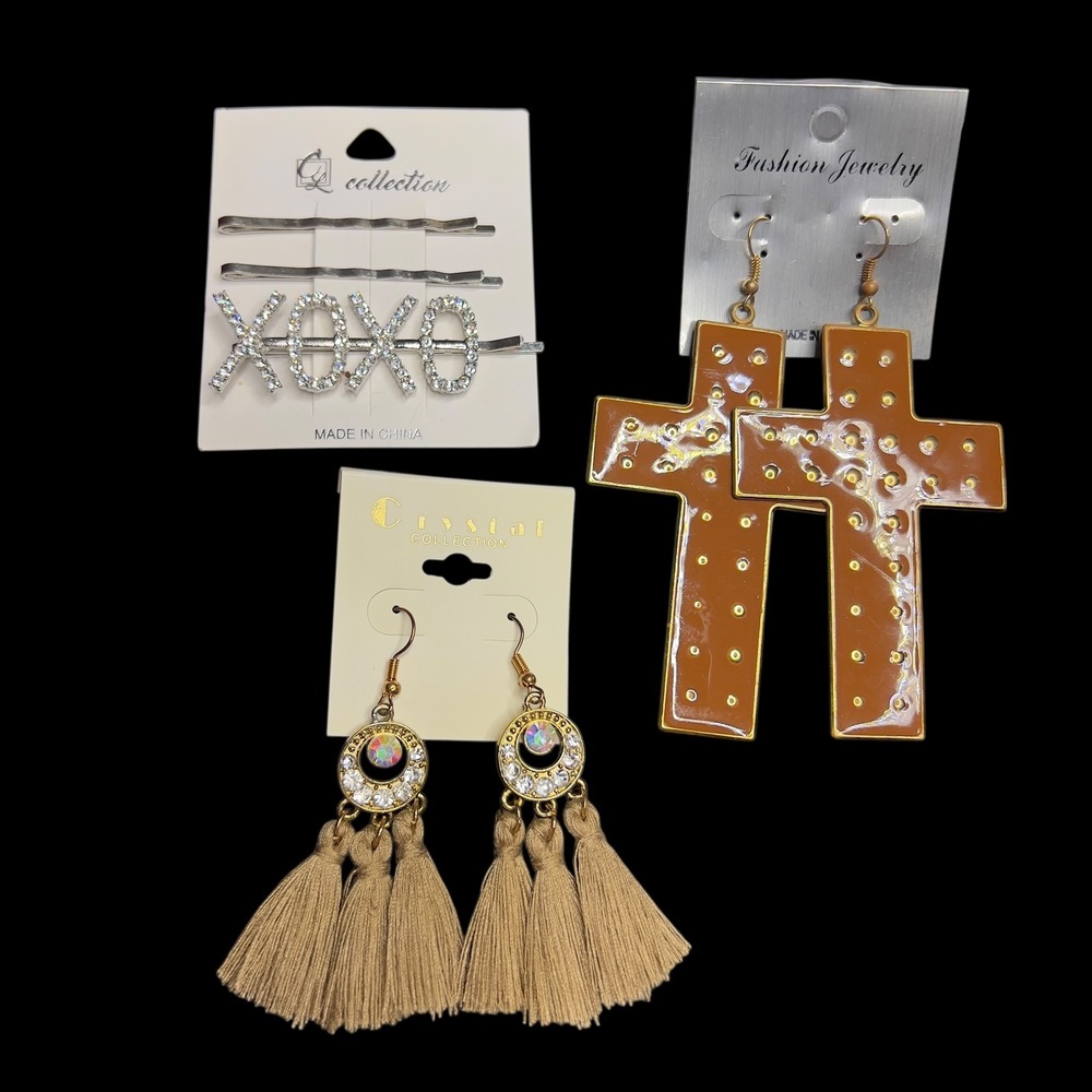 Set of 3‎ XOXO Hair Pins Cross Dangle Earrings Tassel Earrings Boho Statement